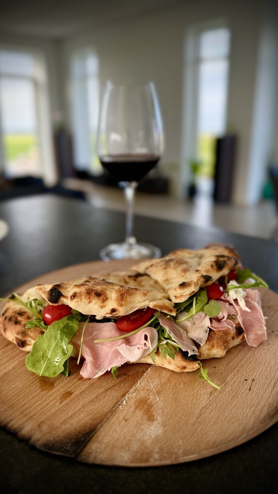Jespers pizzasandwich med skinke, rucola og cherrytomater på et træbræt